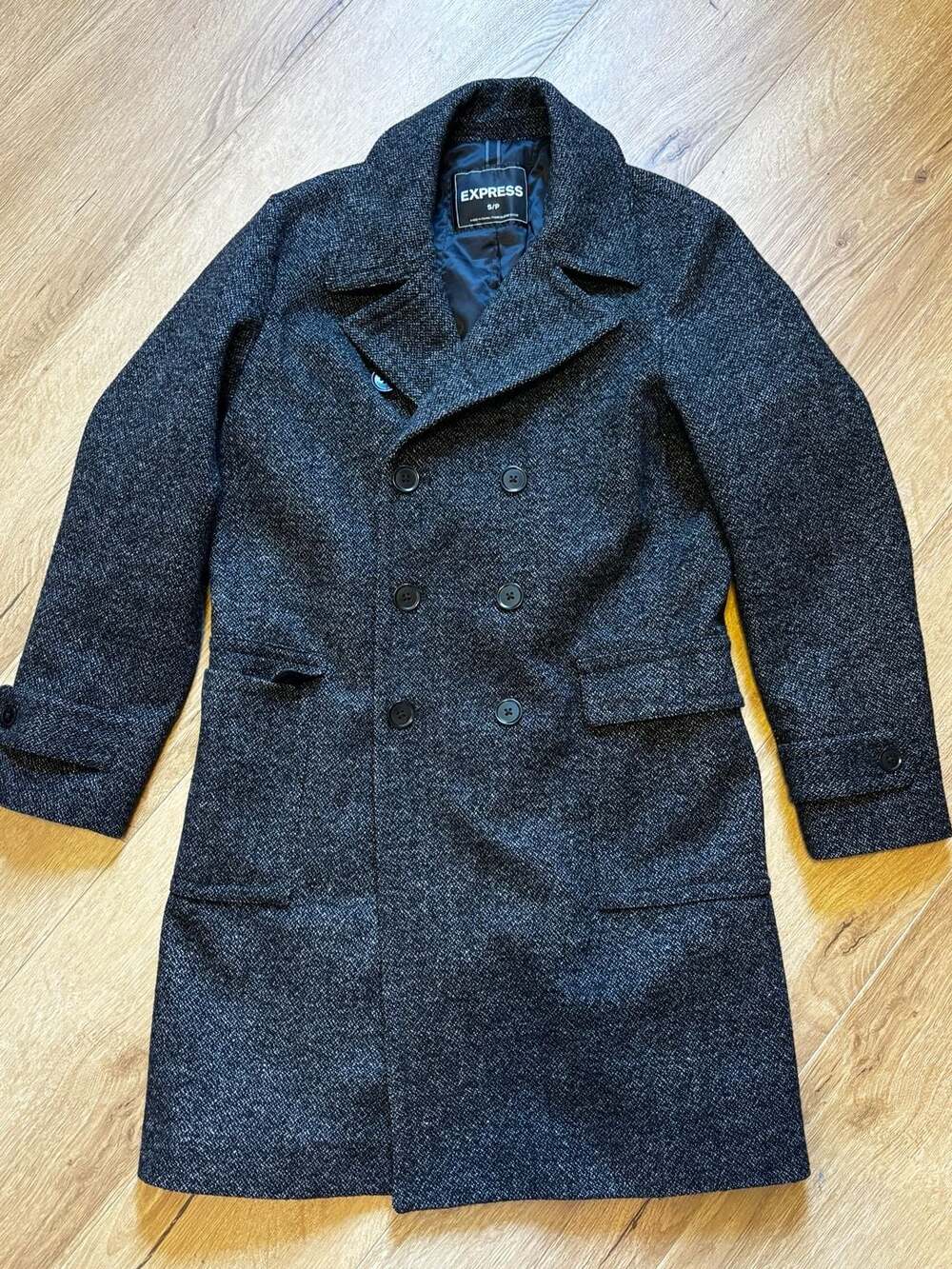 Express Wool Blend Black & White Tweed Double Breasted Pea Coat Jacket Size S/P